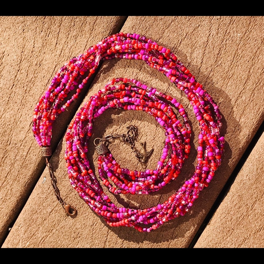Chunky Fuschia, Pink Beaded Boho Layered Necklace